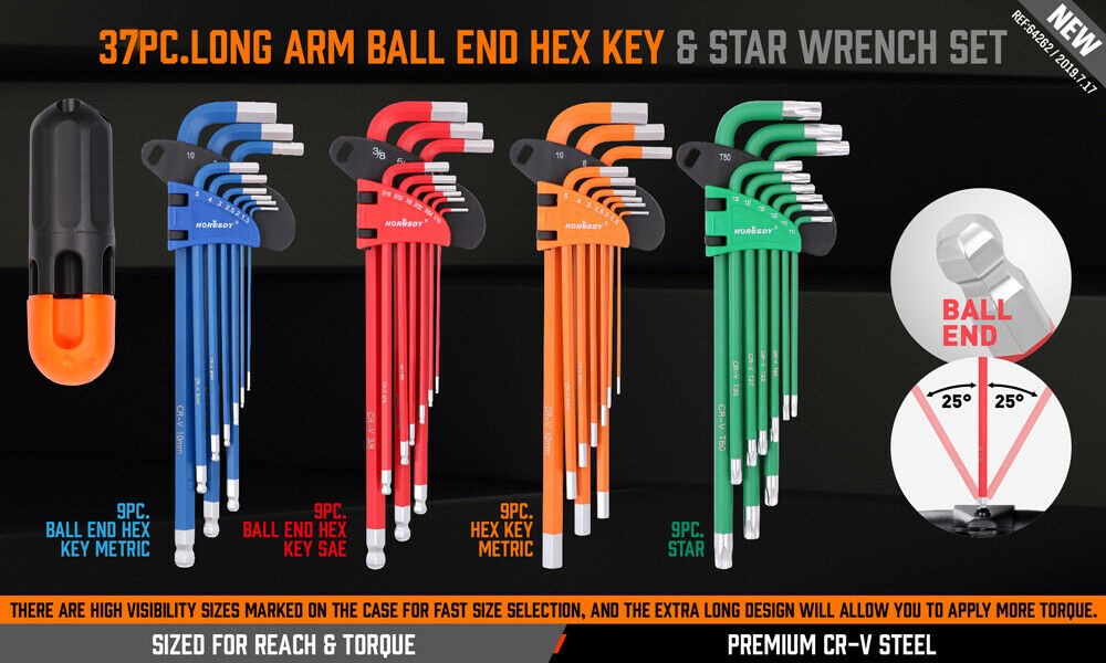 48- Hex Key Allen Wrench Torx Bit Set Ball End Long Arm SAE Metric Security Star