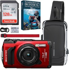 OM SYSTEM Olympus Tough TG-7 12MP Underwater Camera Red  Guide and 128GB Bundle