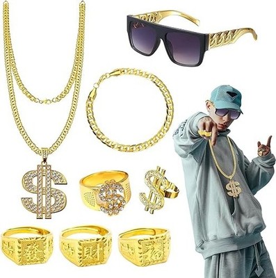 8 Stück Zuhälter Kostüm, 80Er 90Er Jahre Outfit Herren Hip Hop Kostüm Goldkette 