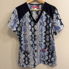 Koi Betsey Johnson Women  s Size Large Blue Snakeskin Scrub Top stain 