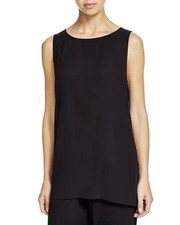 Eileen Fisher 100 Silk Tank Tunic Top M Black High Low Hem Minimalist Lagenlook