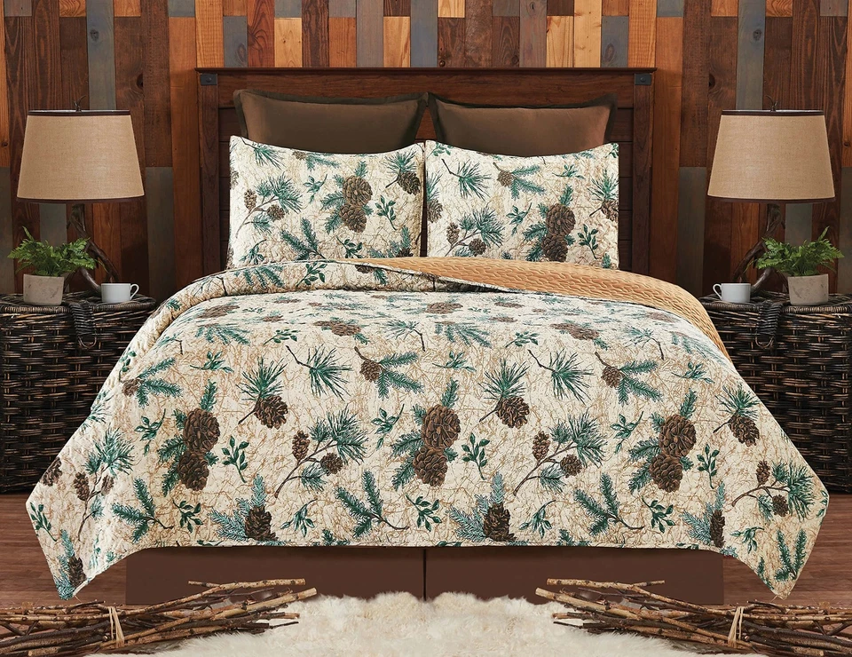 Rustic Pinecones & Needles Twin 2-Piece Quilt & Sham Bedding Set All Seasons ... - Image 4 of 4