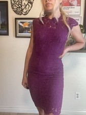 Purple Floral Lace Sheath Dress Short Cap Sleeve Knee Length S Lined