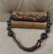 Vintage Embossed Leather Faux Snakeskin Clutch Roll Handbag Gemstones Look