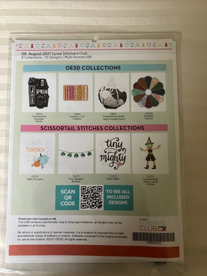 OeSD Spree Stitchers Club embroidery designs usb August 2021 eBay
