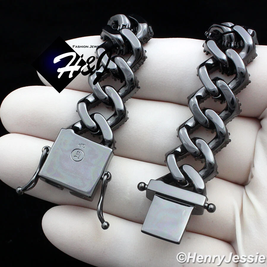 16-30"MEN 14K BLACK GOLD PLATED ICY BLACK CZ 14MM MIAMI CUBAN CURB NECKLACE*BBN6 - Image 3 of 4