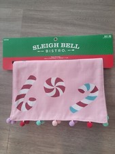 Winter Christmas Candy Cane Peppermint  Pom Pom Table Runner Pink 14 X 72