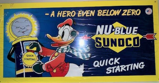 Quick Starting Sunoco Sign with Donald Duck-awesome Graphics and Color. Rare!