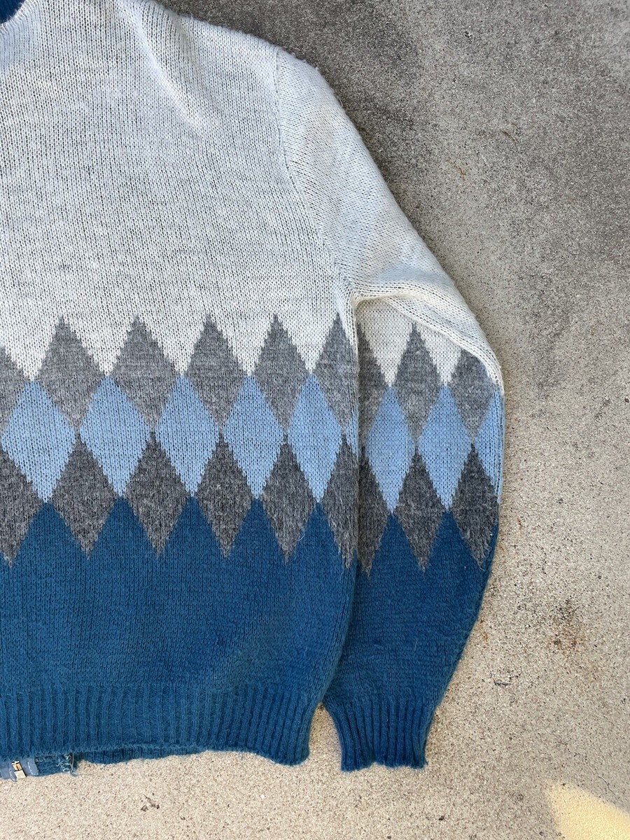 Vintage 60's Mohair Blend Blue White Argyle Zip Up Cardigan