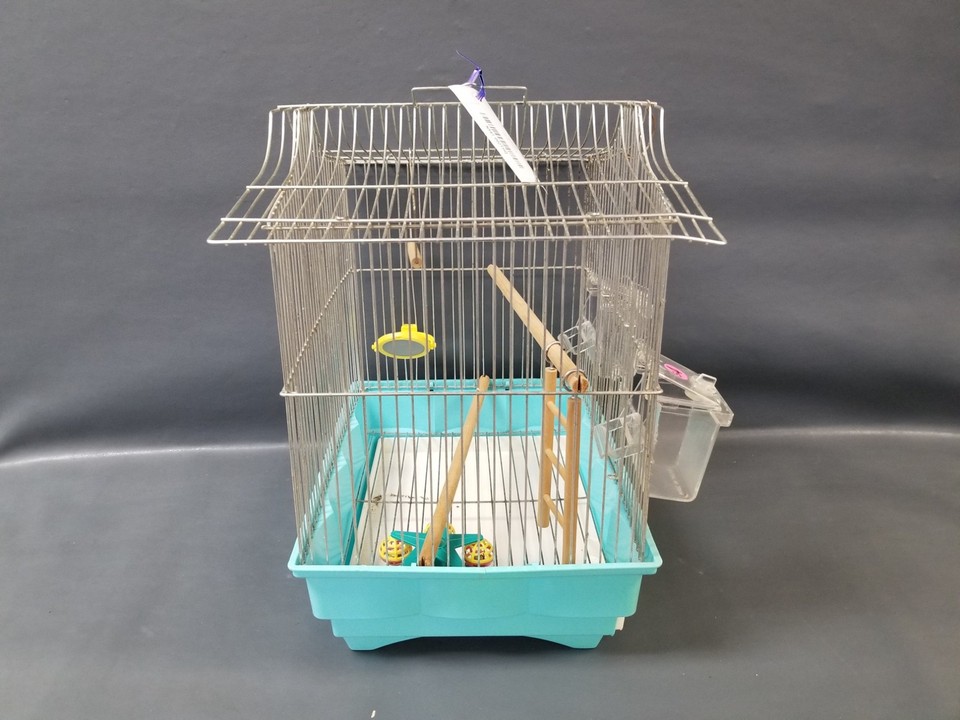 Vintage Hoei Metal Bird Cage W/ Feeder & Mirror Accessories 16" Tall