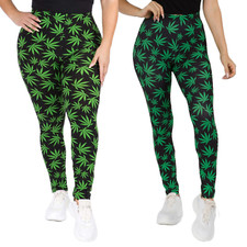 Women’s High Waisted Green Leaf Leggings, Marijuana Print, + Size Option