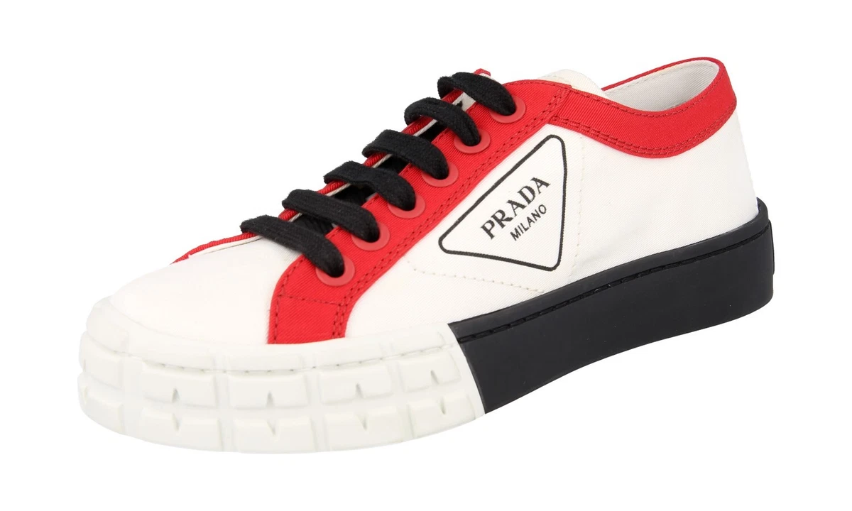 PRADA Canvas Cassetta Wheel Sommer Sneaker - 1E939L - Weiss Rot NEU - 37