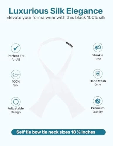  100% Silk Formal Bow Tie, Solid 16MM Silk Self Tie, Wedding & Tuxedo White - Image 3 of 4