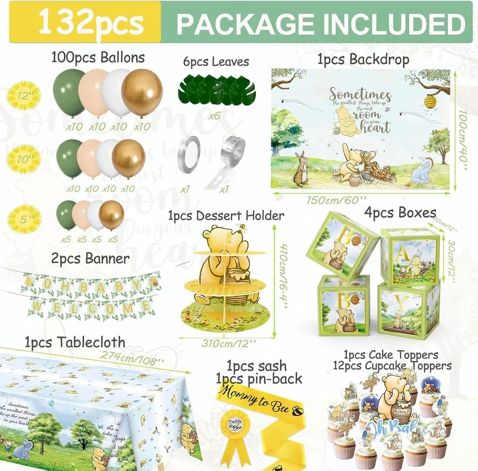 Decorações temáticas do Ursinho Pooh 132 unidades para chá de bebê e festas marcantes - Imagem 4 de 4
