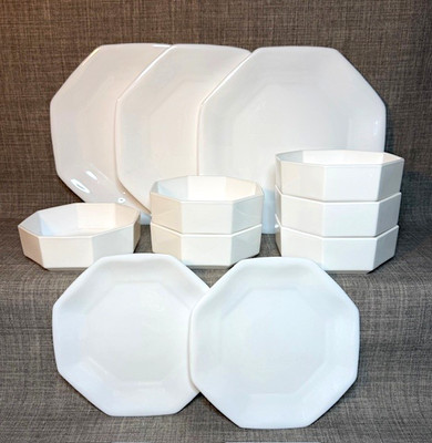 11 Pc. ARCOPAL OCTIME White Octagon Dinner Plates, Cereal Bowl, Arcoroc France