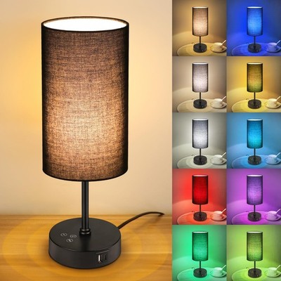 Table Lamp 3 Color 7 RGB Adjustable Brightness Dual USB Ports Black Shade