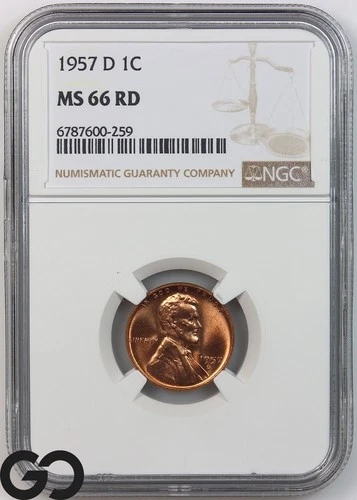 1957-D Lincoln Cent Wheat Penny, RED, NGC MS 66 RD