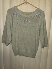 HEIDI Green Sparkly Sequined Heart Detail Sweater Silk/Angora Blend Medium