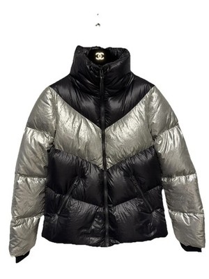 Mackage Puffer Jacket Womens XS Black Silver Metallic Chevron Quilted Zip Front