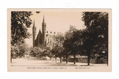 Vintage Postcard c1920 - Wattle St. showing Cathedral. Bendigo. Vic. M. 914.