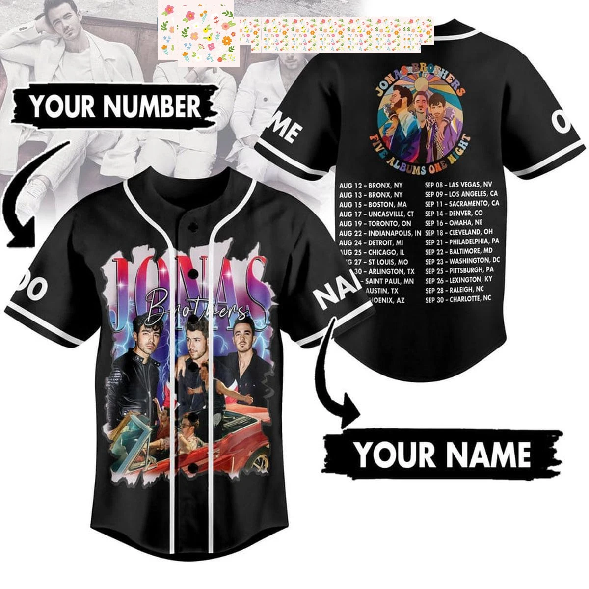Jonas Brothers Five Albums One Night Personalized Baseball Jersey Black