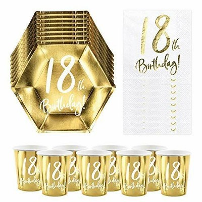 18th Birthday Party Pack | 6 Gold Plates | 6 Gold Paper Cups | 20 Paper Napkins