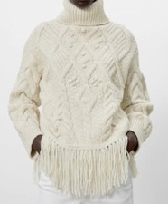 NWT ZARA WOMEN'S FRINGED KNIT SWEATER W/ POM POMS ECRU WHITE SIZE S 3859/117