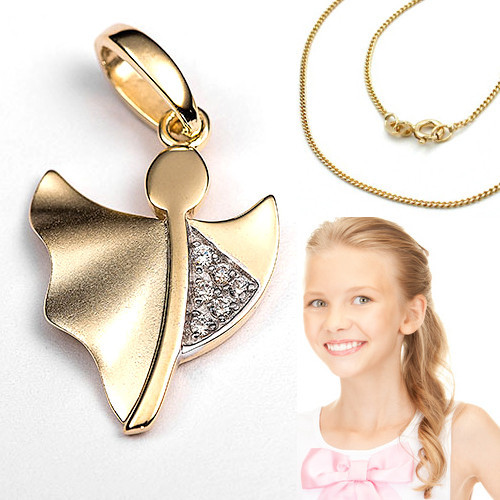 Zirkonia Kinder Baby Schutz Engel Echt Gold 333 Und Kette Silber 925 Vergoldet-image