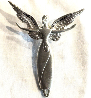 Vintage Angel Pin Brooch God Bless Grandmother's Flying Silver Tone