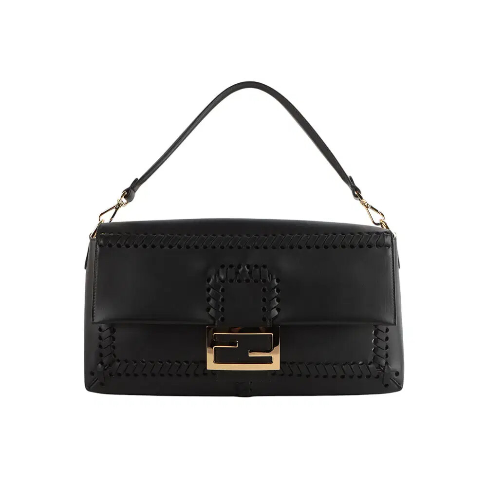 Fendi 8BR809 Nappa Leather Wide Stitch Baguette Maxi Bag in Black 33263-5