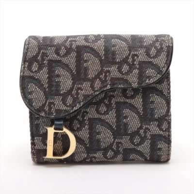 PRE-LOVED Dior Trotter Saddle Canvas & Leather Compact Wallet Navy Blue - Bild 1 von 4