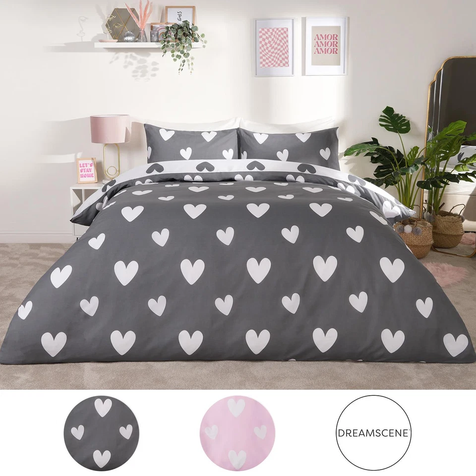 OHS Heart Print Duvet Cover with Pillowcase Quilt Reversible Bedding Set