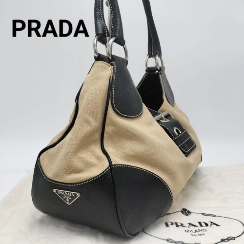 Sac à main bandoulière PRADA cuir toile authentique noir beige femme Italie 116199