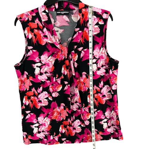 Karl Lagerfeld Blouse Womens L Pink Black Floral Sleeveless Tie Career Stretch - Picture 5 of 11