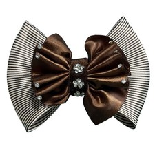 Brown Striped Satin Rhinestone Hair Bow Barrette Clip Elegant Accessory
