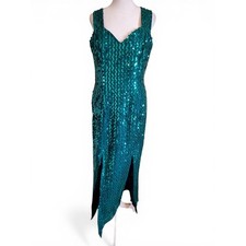 Vintage 80s Teal Sequin Embellished Sleeveless V Neck Mermaid Maxi Dress
