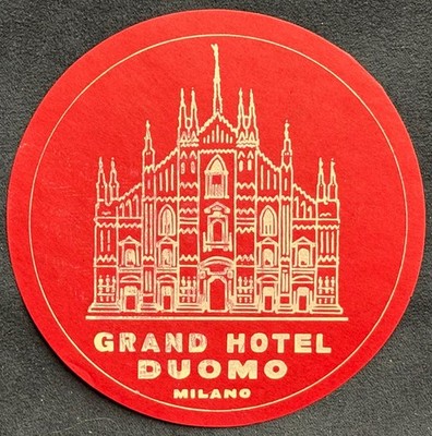 GRAND HOTEL DUOMO MILANO~BRIGHT RED HOTEL LUGGAGE LABEL MILAN ITALY
