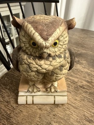 Great Horned Owl Perched on Books Figurine Andrea by Sadek Circa 1976 Japan