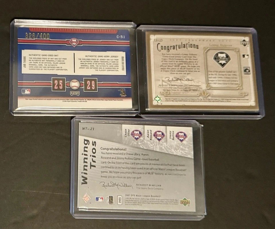 Лот из 3 нашивок/реликвийных карт PHILLIES — Чейз Атли Ленни Дикстра Марлон Берд MLB - Изображение 2 из 4