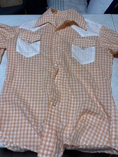 Western Shirt VTG 60s 70s Solid  Orange 2 Tone Gingham Pearl Snap Shirt Sz M/L