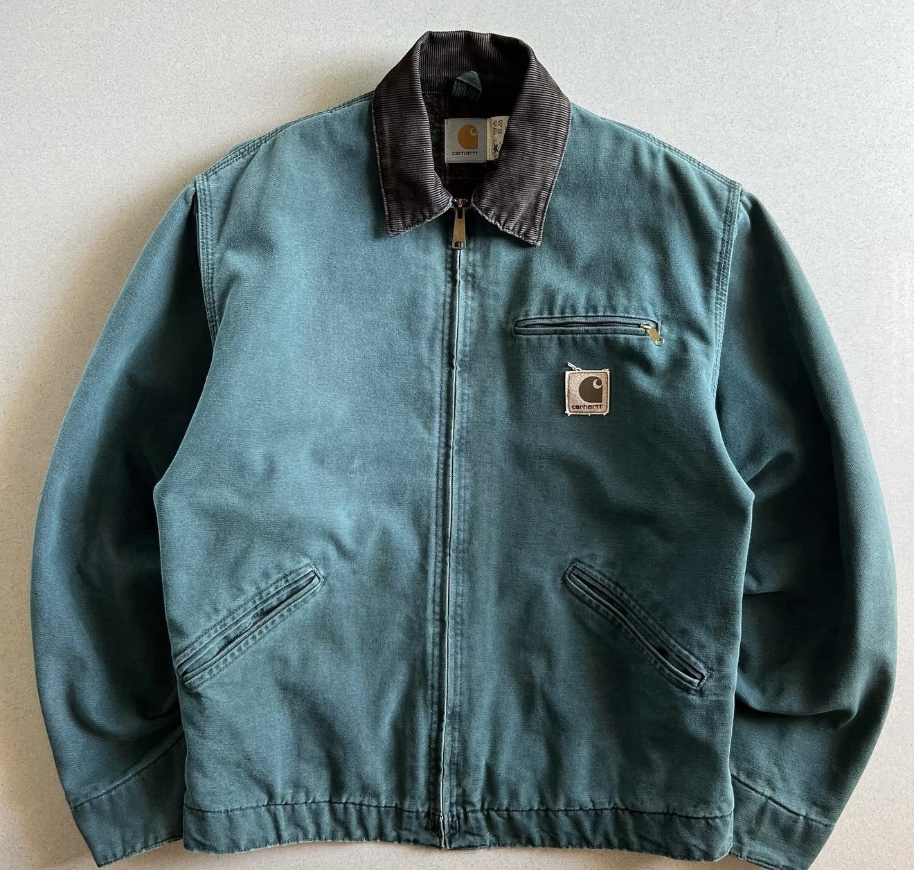 VINTAGE CARHARTT J43 HTG HUNTER GREEN DETROIT JACKET 1998 BIG LOGO MADE IN USA