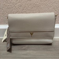 Beige Crossbody Bag with Flap Closure and Metallic Detail