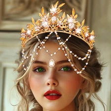 Gold Leaf Crowns and Tiaras Crystal Wedding Headpiece Bridal Headband for Women