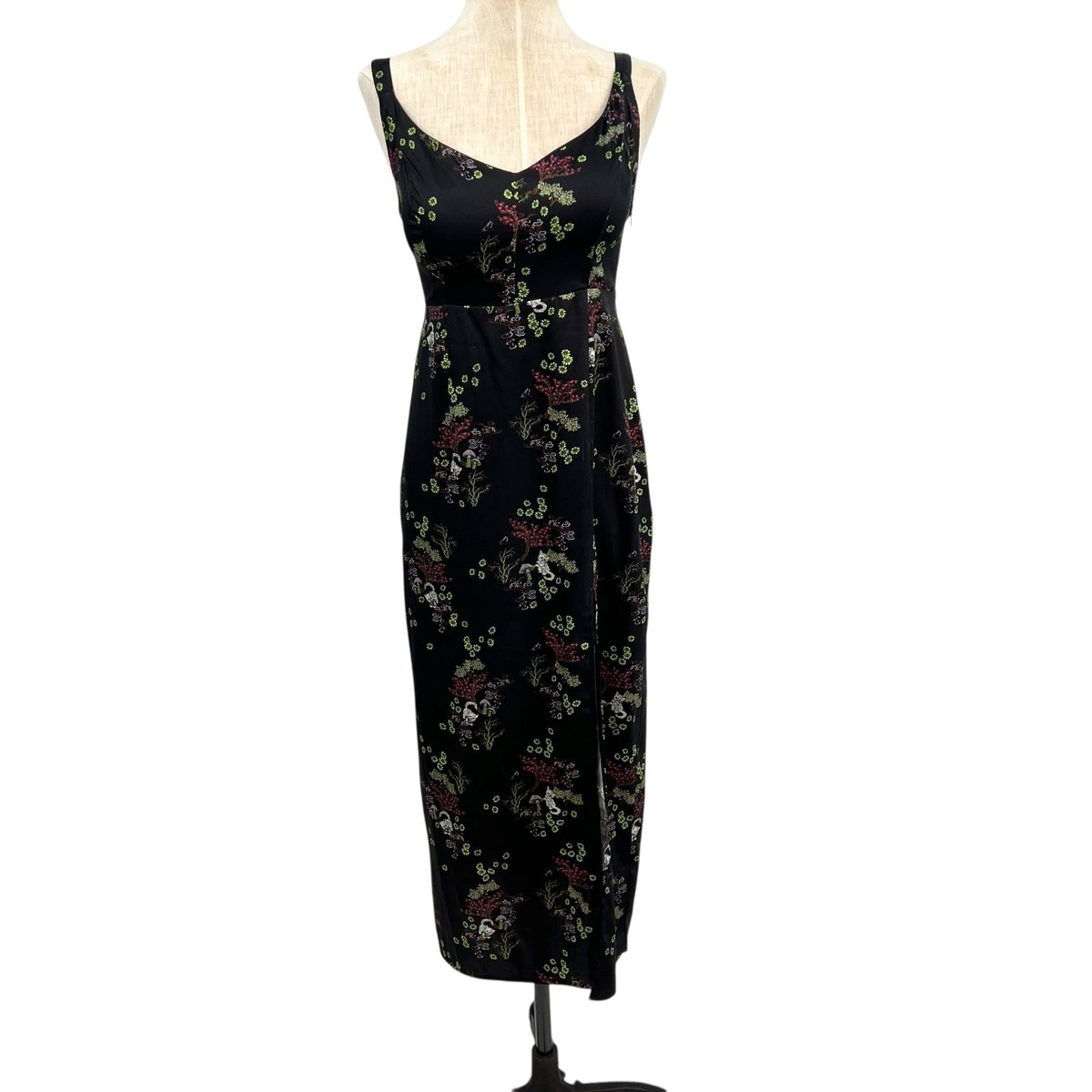 Urban Outfitters Mikayla Floral Midi Dress Cat Print Satin Black Size Small