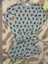 Hanna Andersson Size 150 12 Gray Green Christmas Tree Pajama Set Long Johns