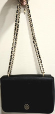 Tory Burch Robinson Black Saffiano Leather Crossbody Bag Gold Chain Strap Flap