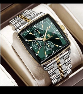 Men Square Quartz Watch, Multifunction Chronograph Dial, Stainless Steel Busines