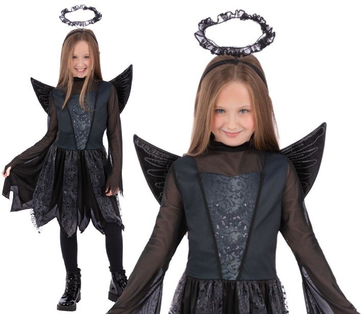 Niños Halloween Niñas Ángel Oscuro Vestido Elegante Disfraz y Alas Nuevo por Smiffys