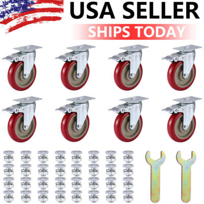 8 PACK Heavy Duty 4 Inch Caster Polyurethane Wheels w/ Brake Swivel Top Plate US
