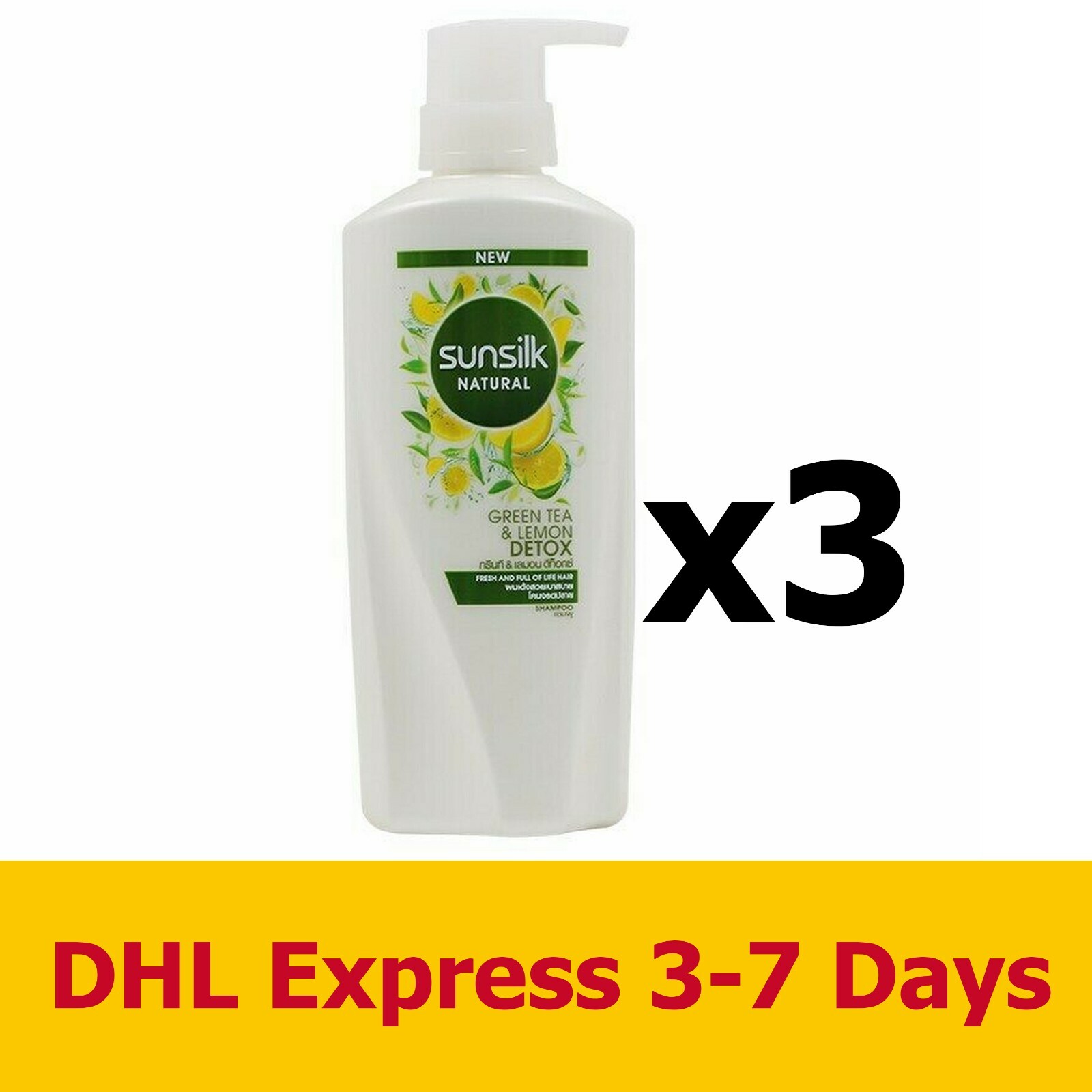 3x450ml Sunsilk Natural Green Tea & Lemon Detox Shampoo Hair Care Style